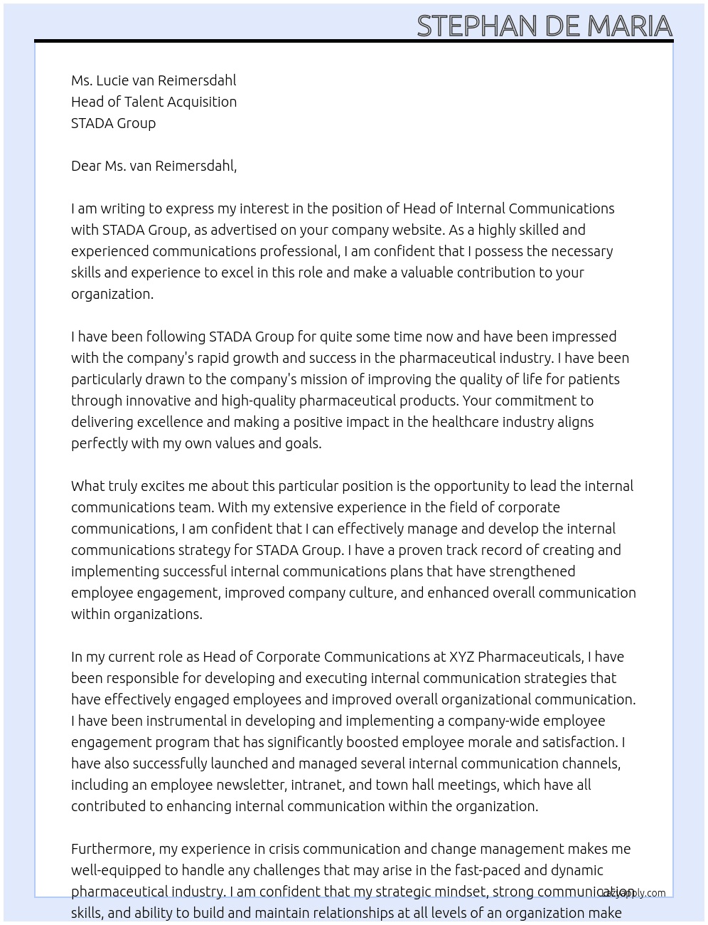 Head of Internal Communications At STADA Group Cover Letter
