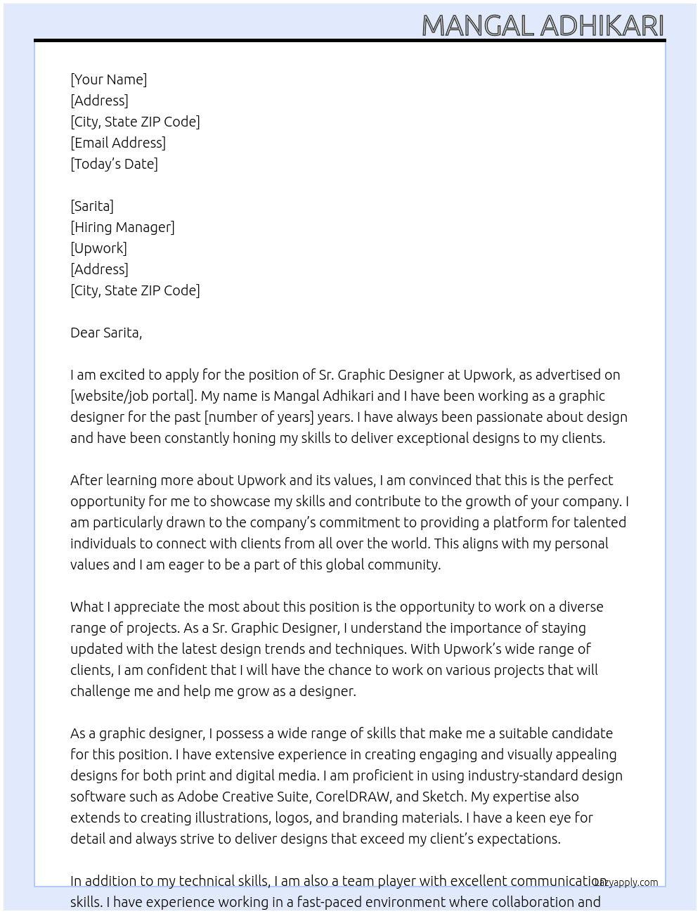 Sr. Graphic Designer At upwork Cover Letter