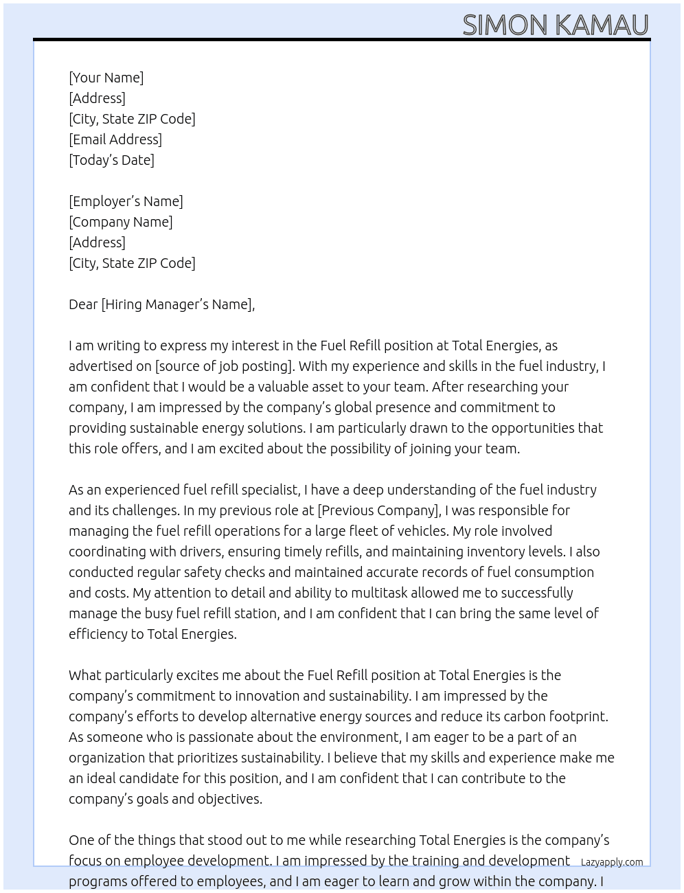 Cover letter for fuel refill - LazyApply