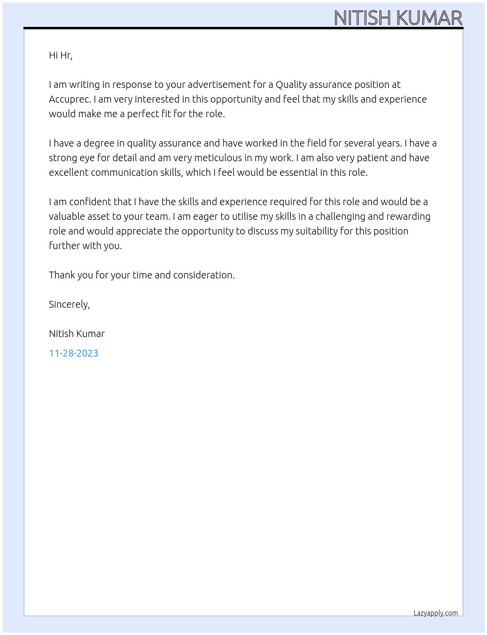 Quality assurance  At Accuprec Cover Letter