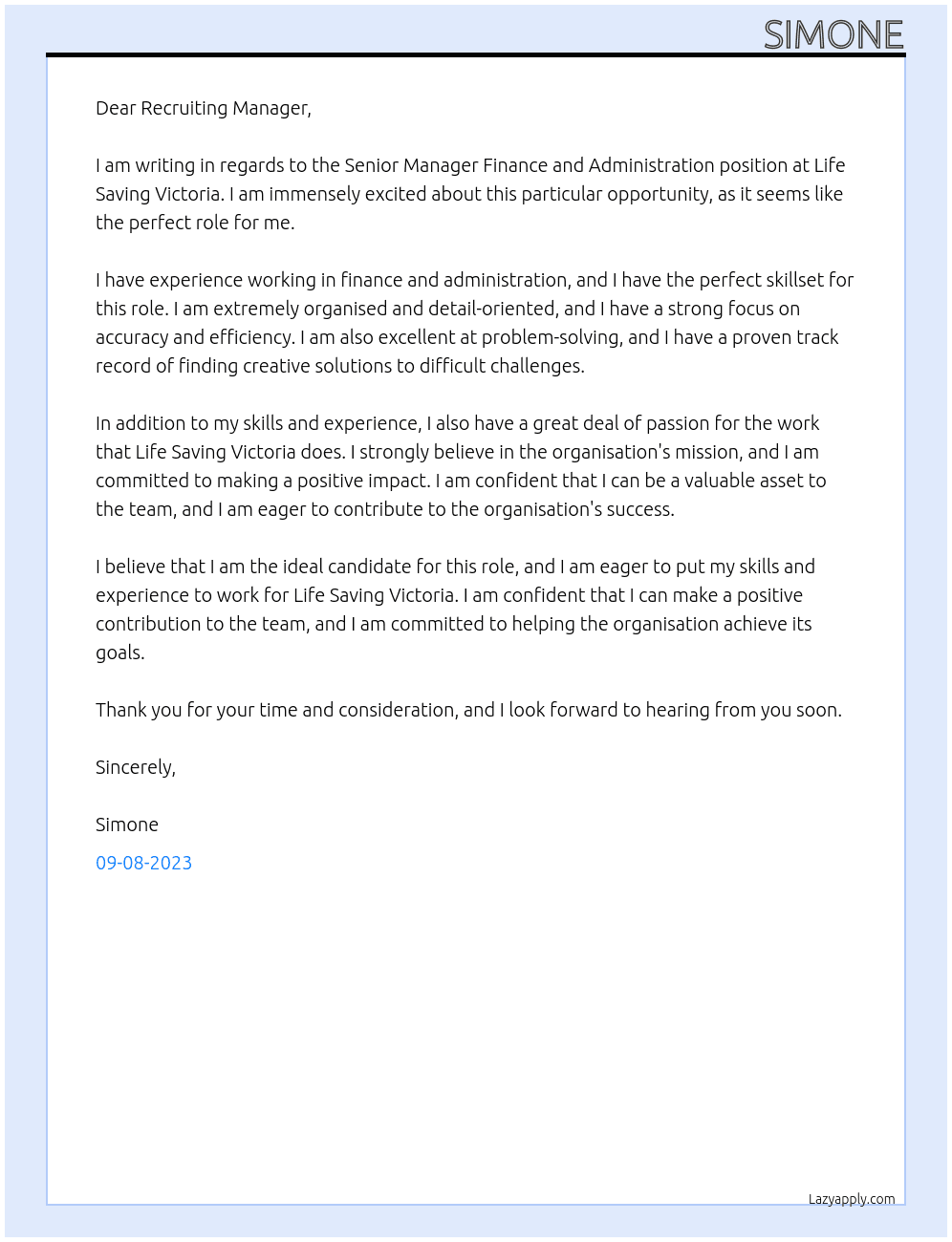 senior manager finance and administration At Life saving Victoria Cover Letter