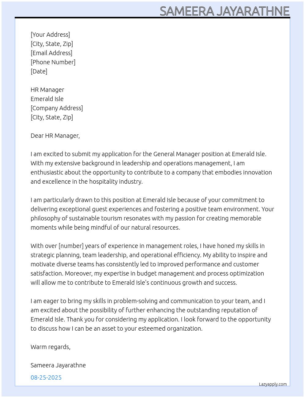 General Manager At Emerald Isle Cover Letter