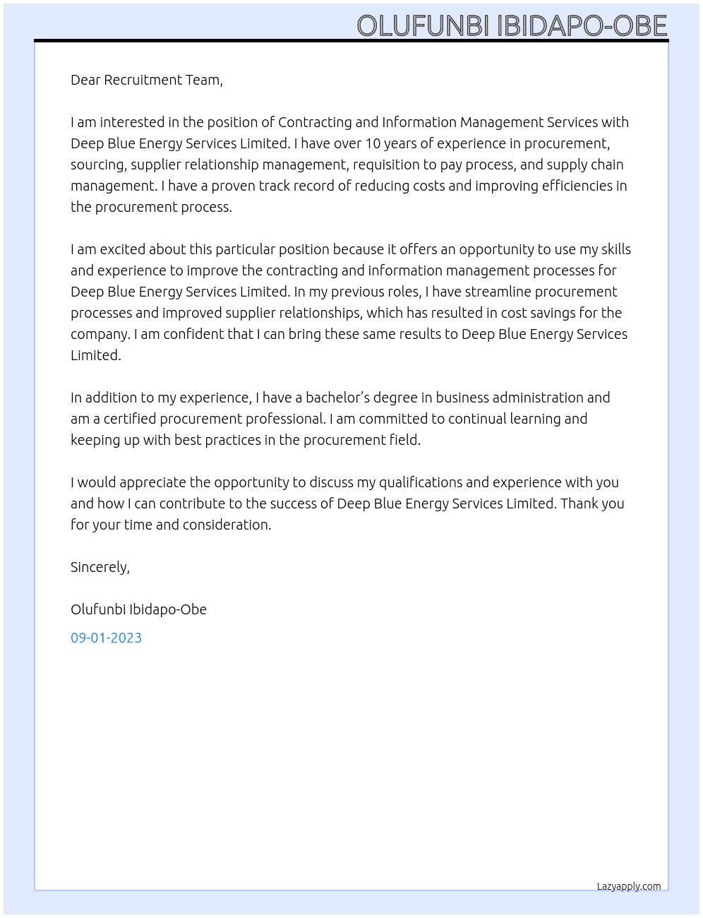 Contracting and Information Management Services At Deep Blue Energy Services Limited Cover Letter