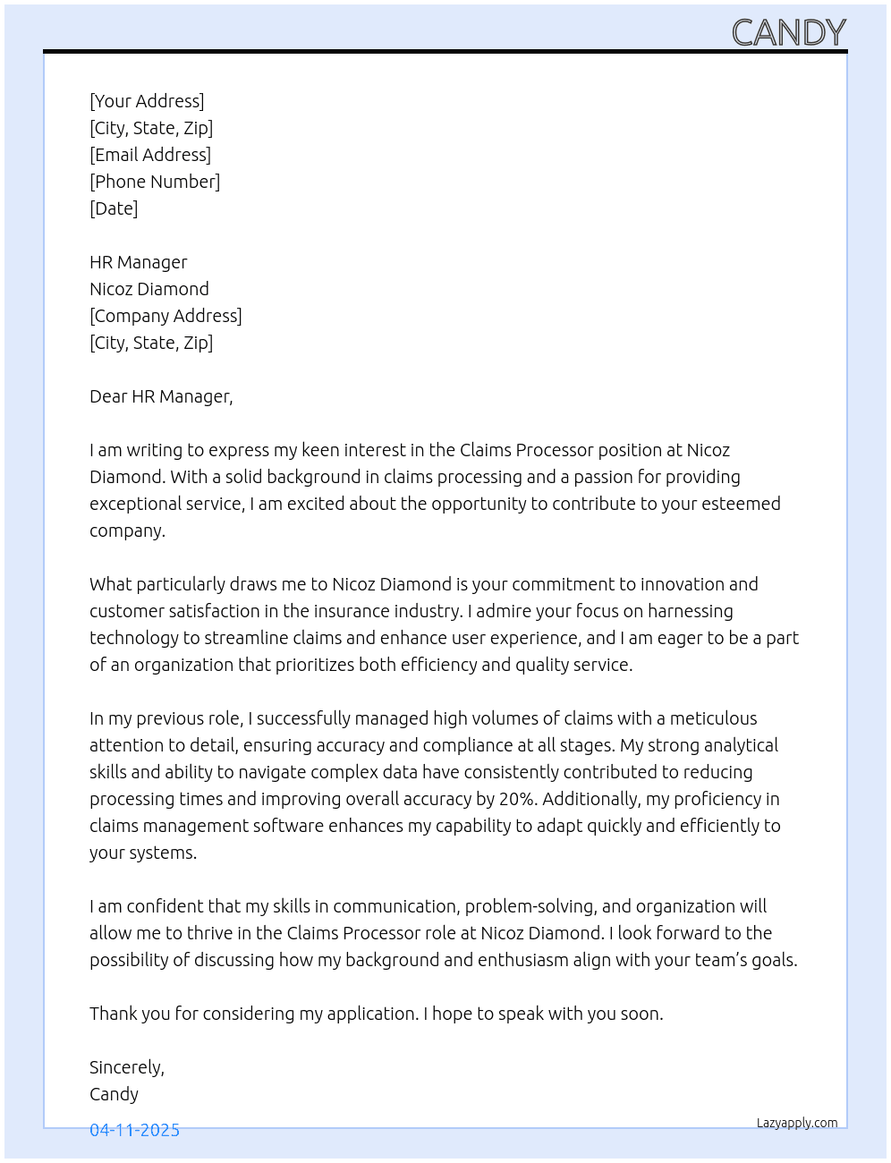 claims processor At nicoz diamond Cover Letter