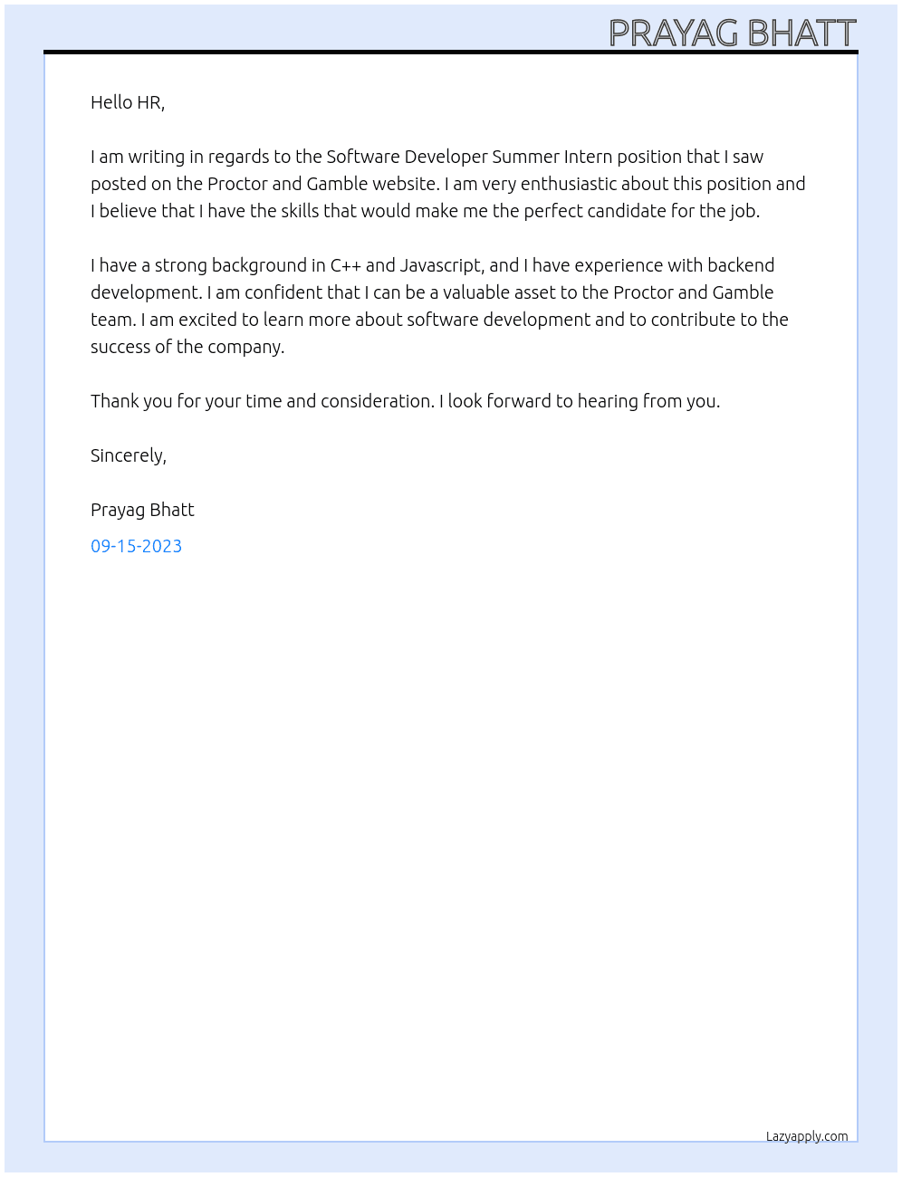 Software Developer Summer Intern At Proctor and Gamble Cover Letter