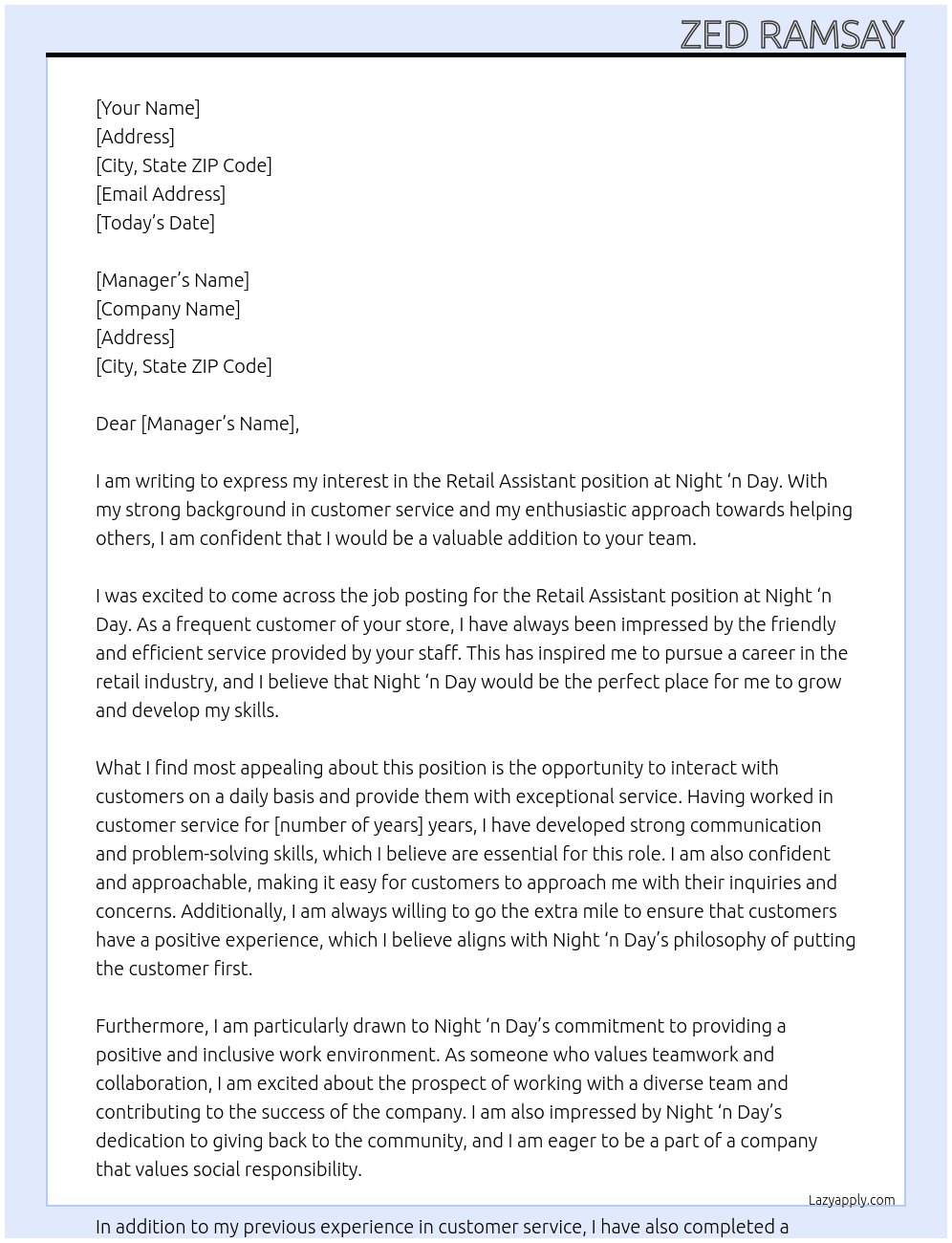 Retail Assistant At Night 'n Day Cover Letter