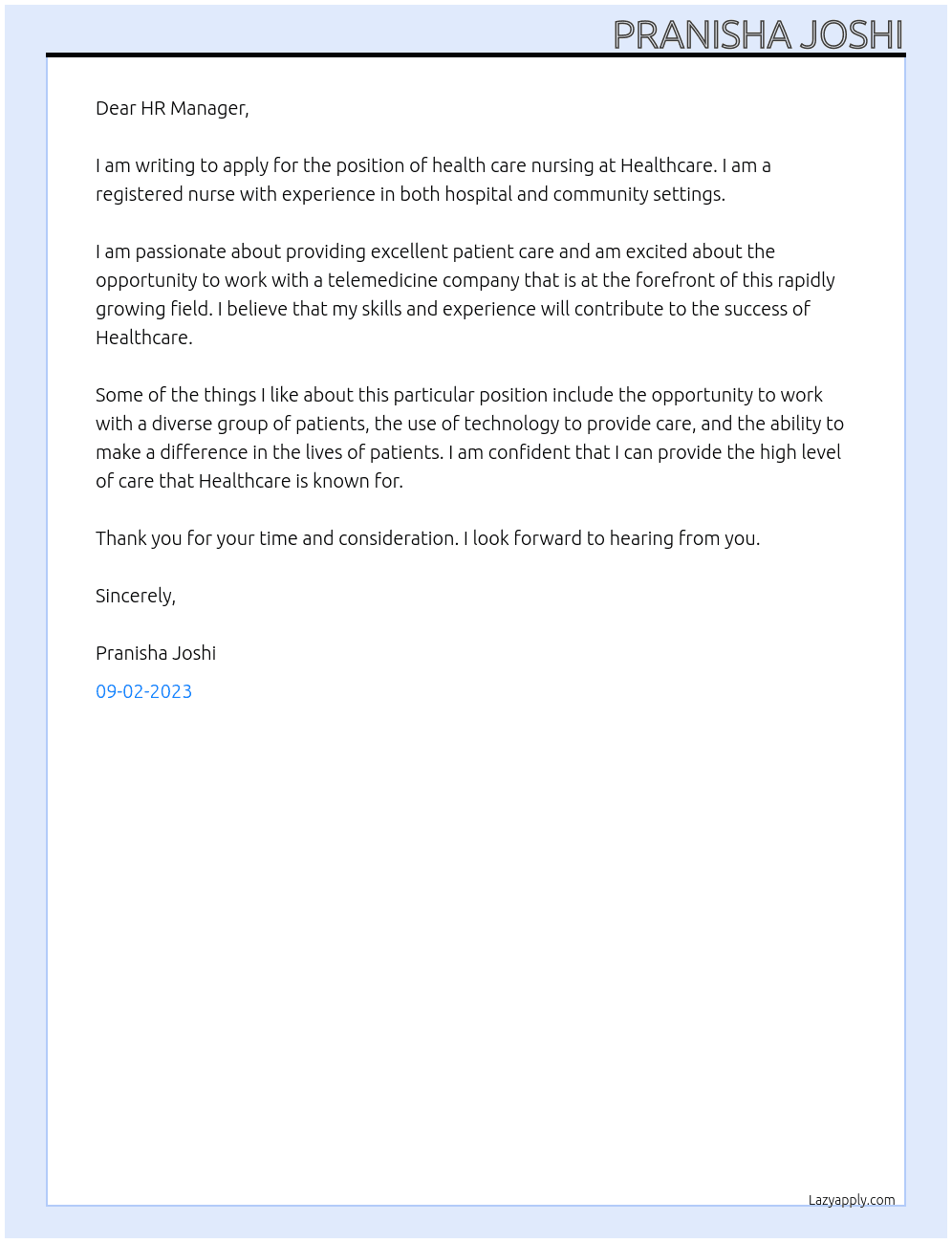 health care nursing At Healthcare, telemedicine Cover Letter