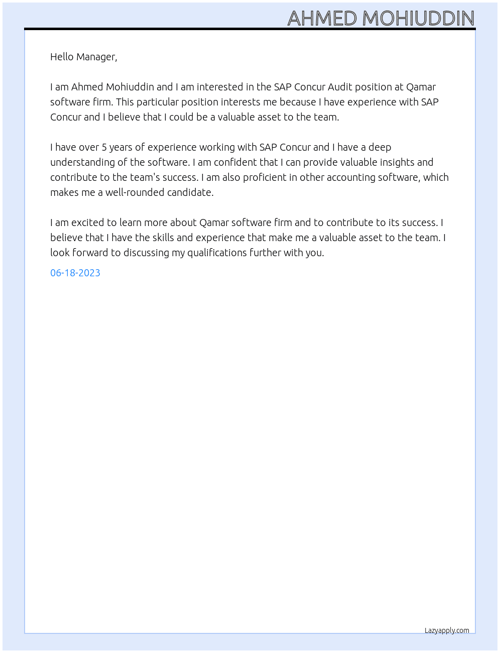SAP Concur Audit At Qamar software firm Cover Letter