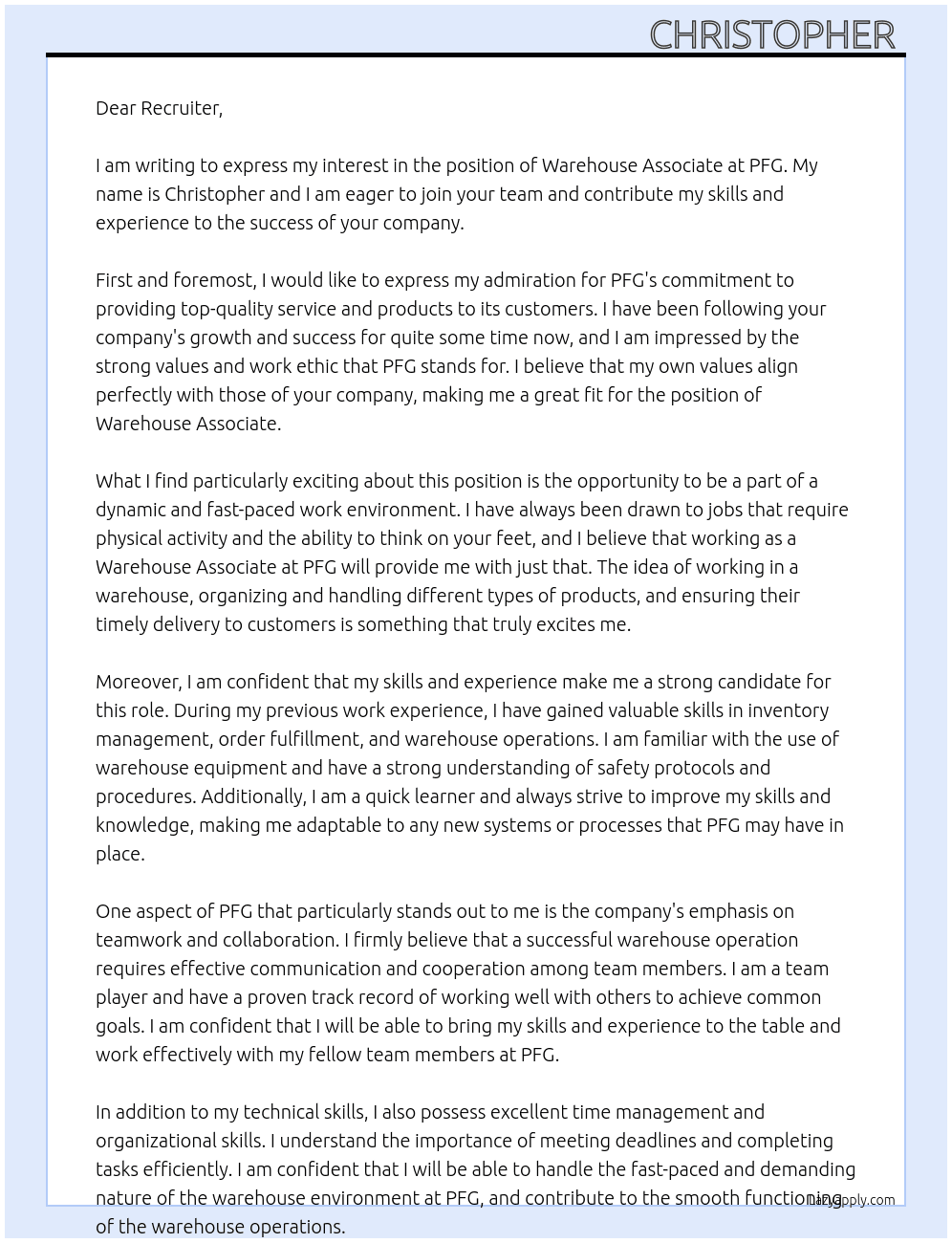 warehouse associate At PFG Cover Letter