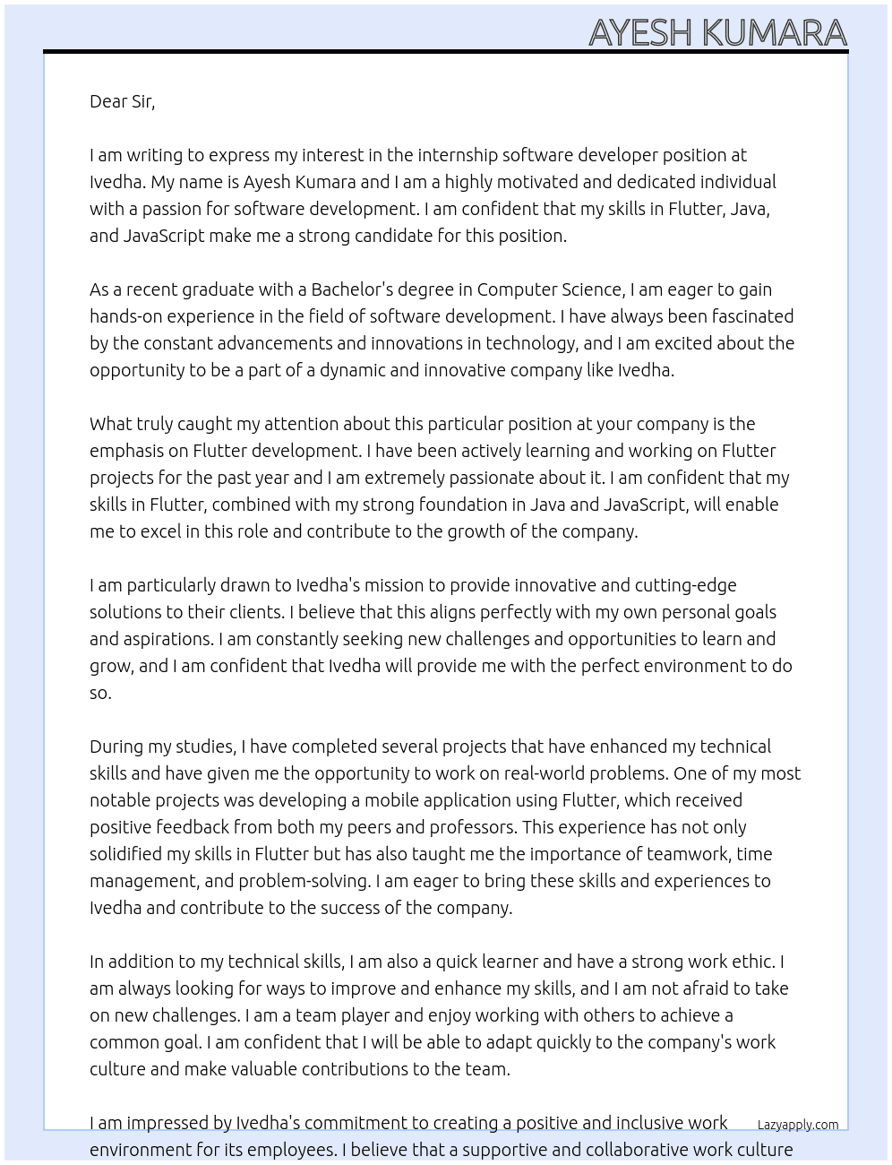 internship software developer At ivedha Cover Letter