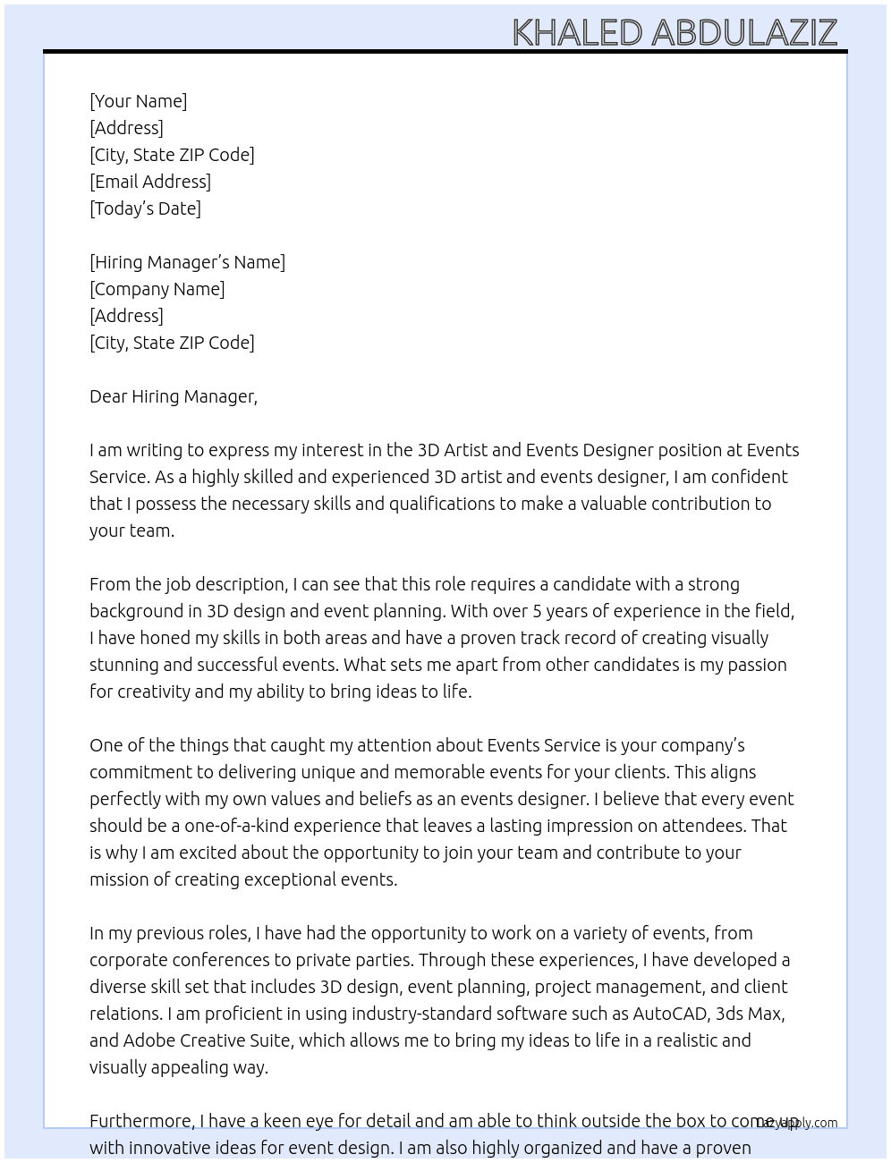 3d Artist and Events Designer  At Events service  Cover Letter