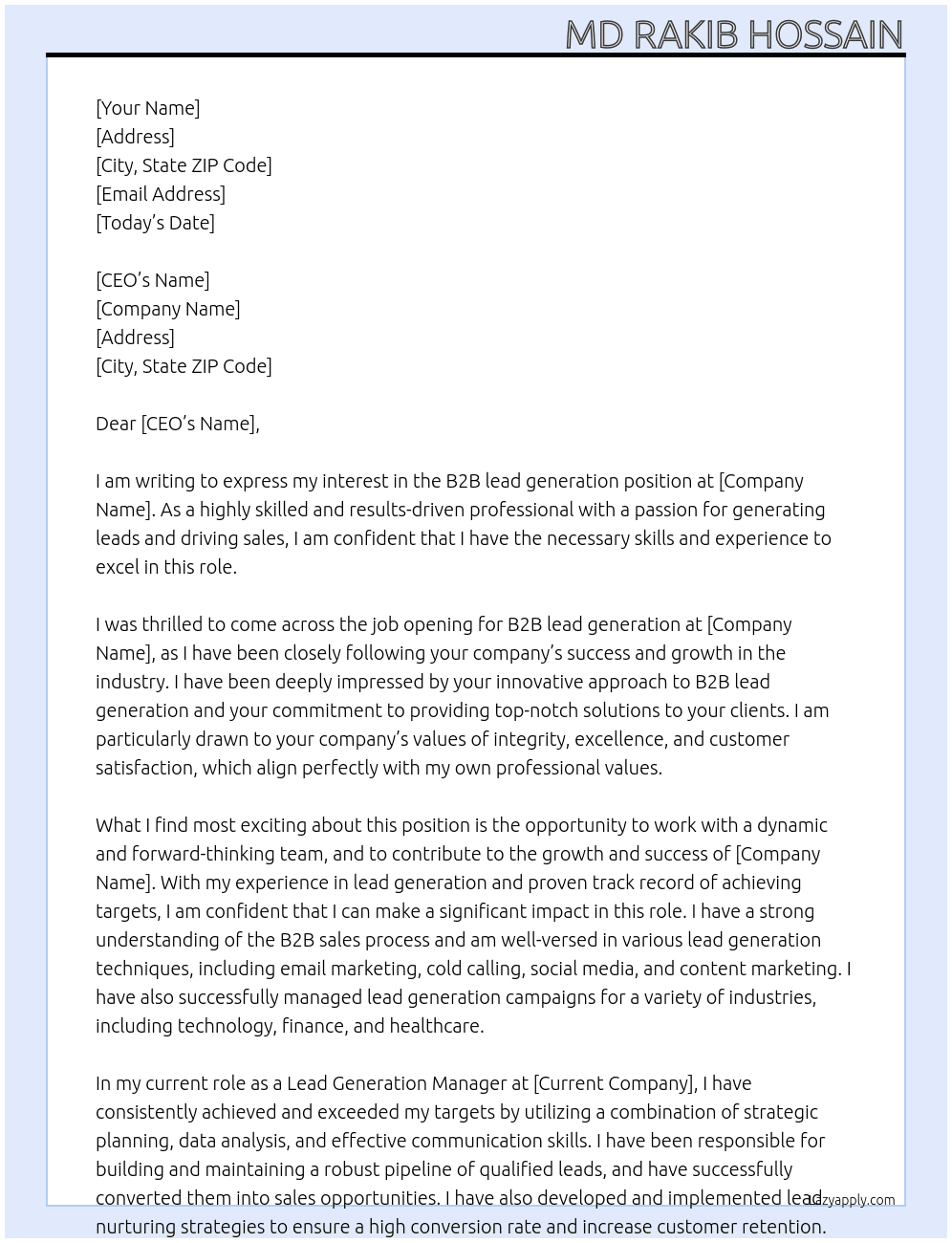B2B lead generation At MR BK Cover Letter