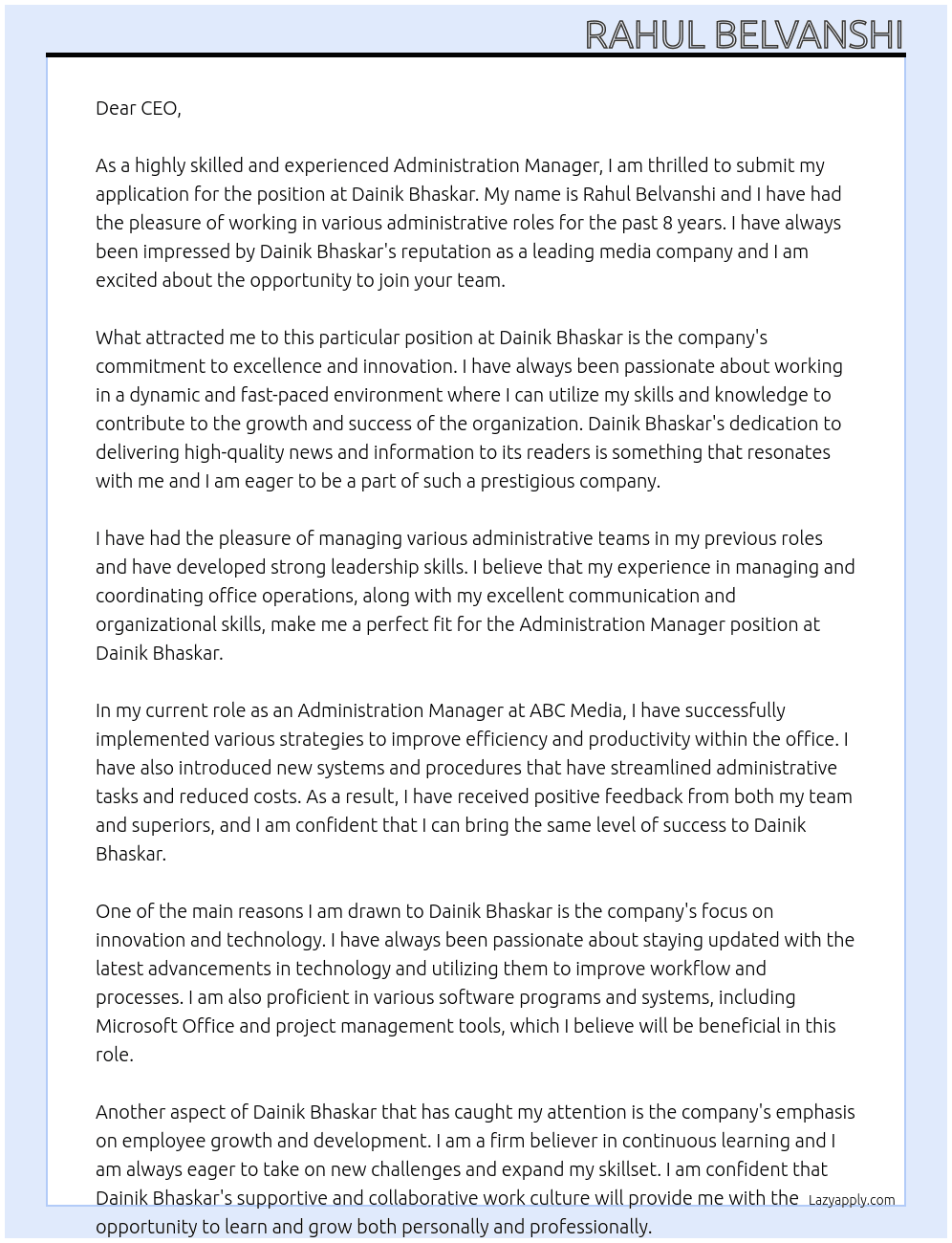 Administration Manager At Dainik Bhaskar Cover Letter