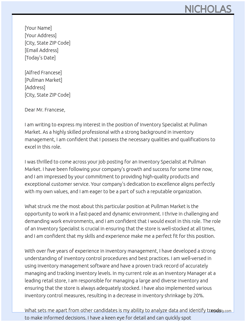 iventory specialist At Pullman Market Cover Letter