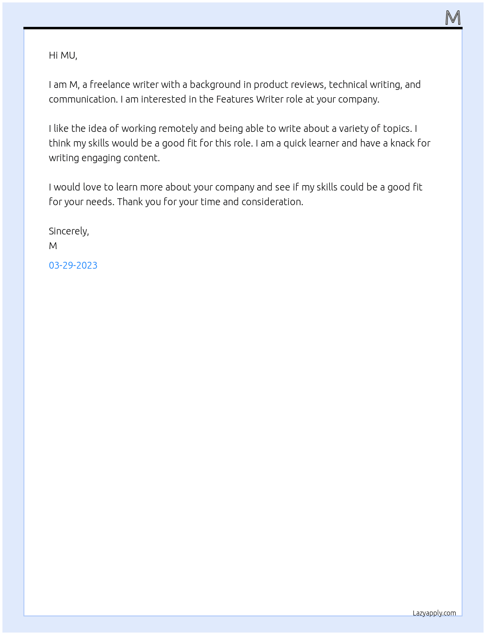 Freelance Writer At MU Cover Letter