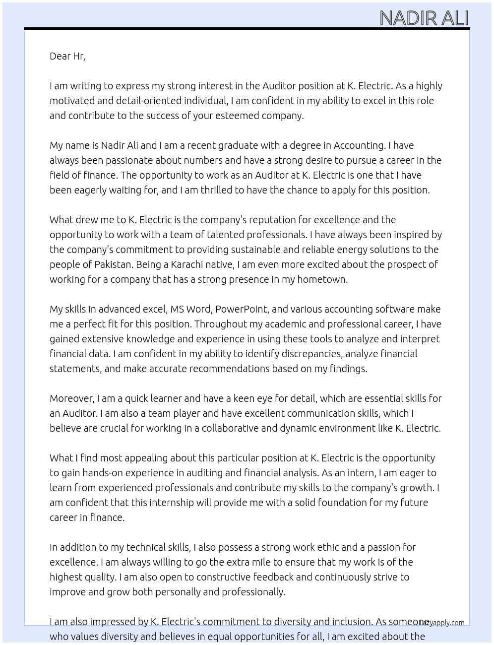 Auditor At K. Electric Cover Letter