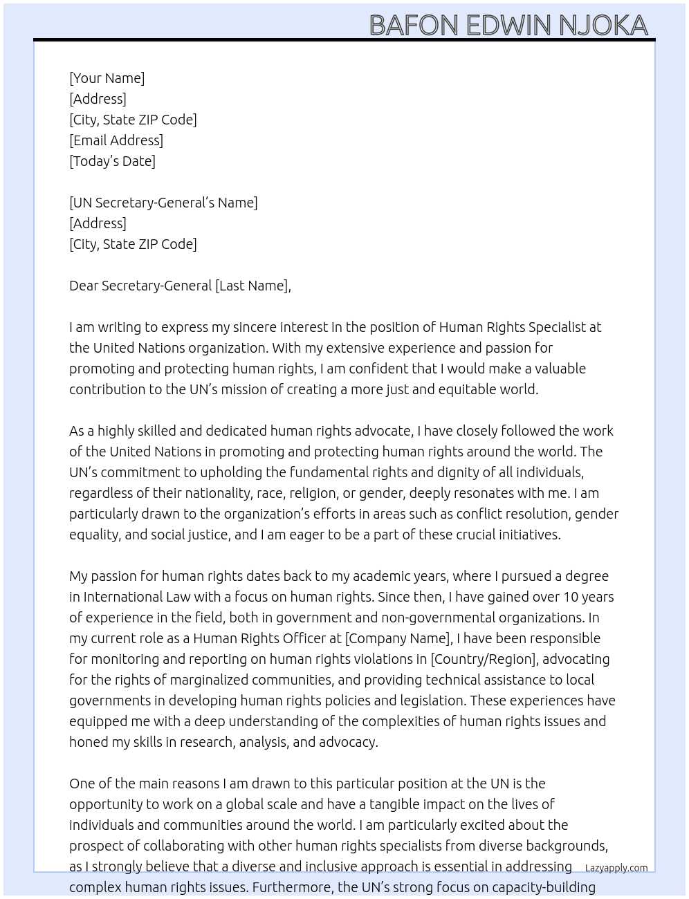 Human right specialist  At United Nations organization  Cover Letter