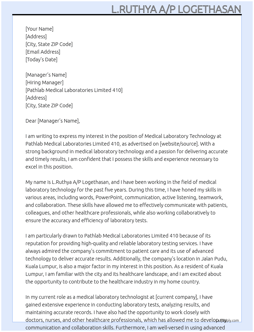Medical Laboratory Technology At Pathlab Medical Laboratories Limited 410  Cover Letter