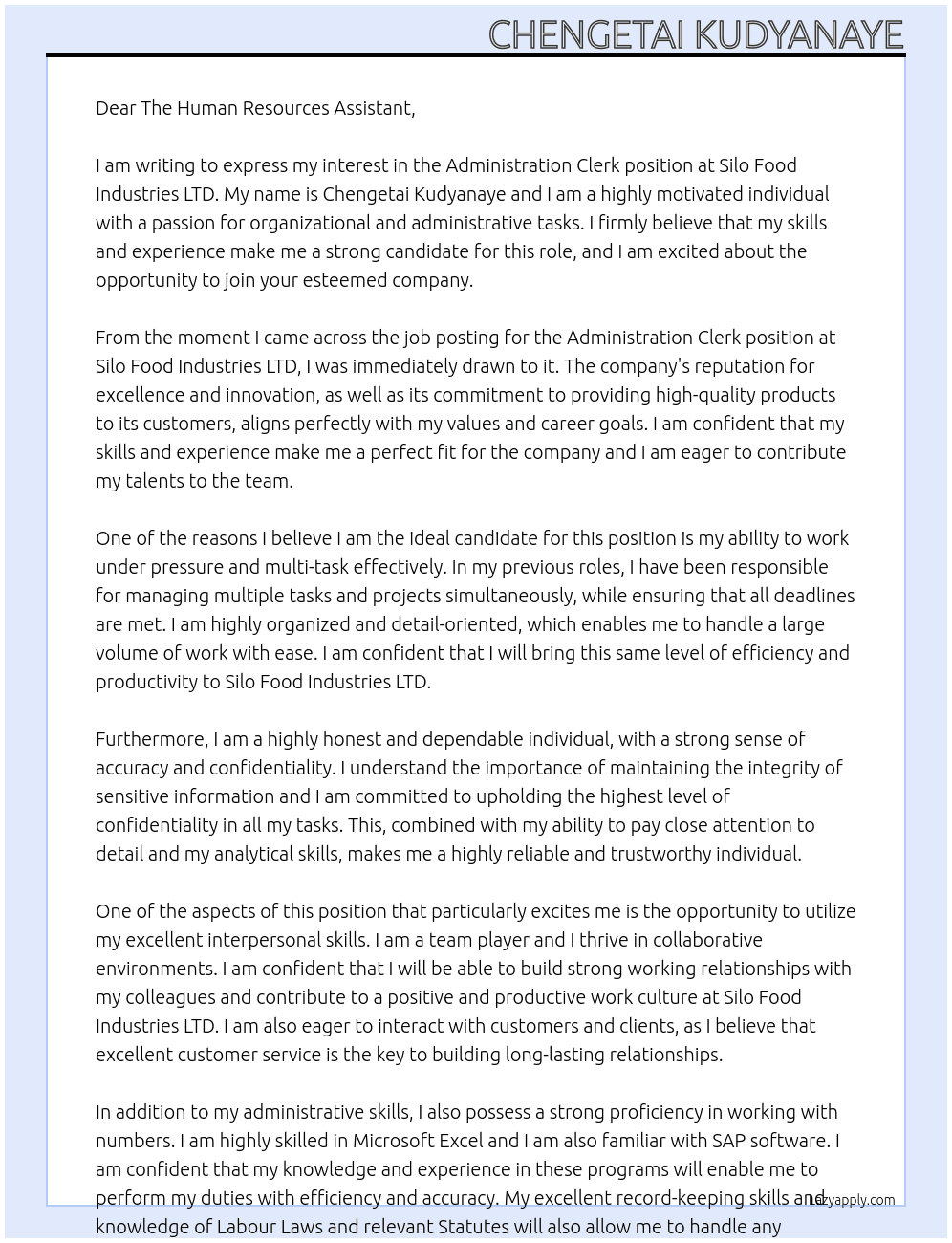 Administration clerk At Silo Food Industries LTD  Cover Letter