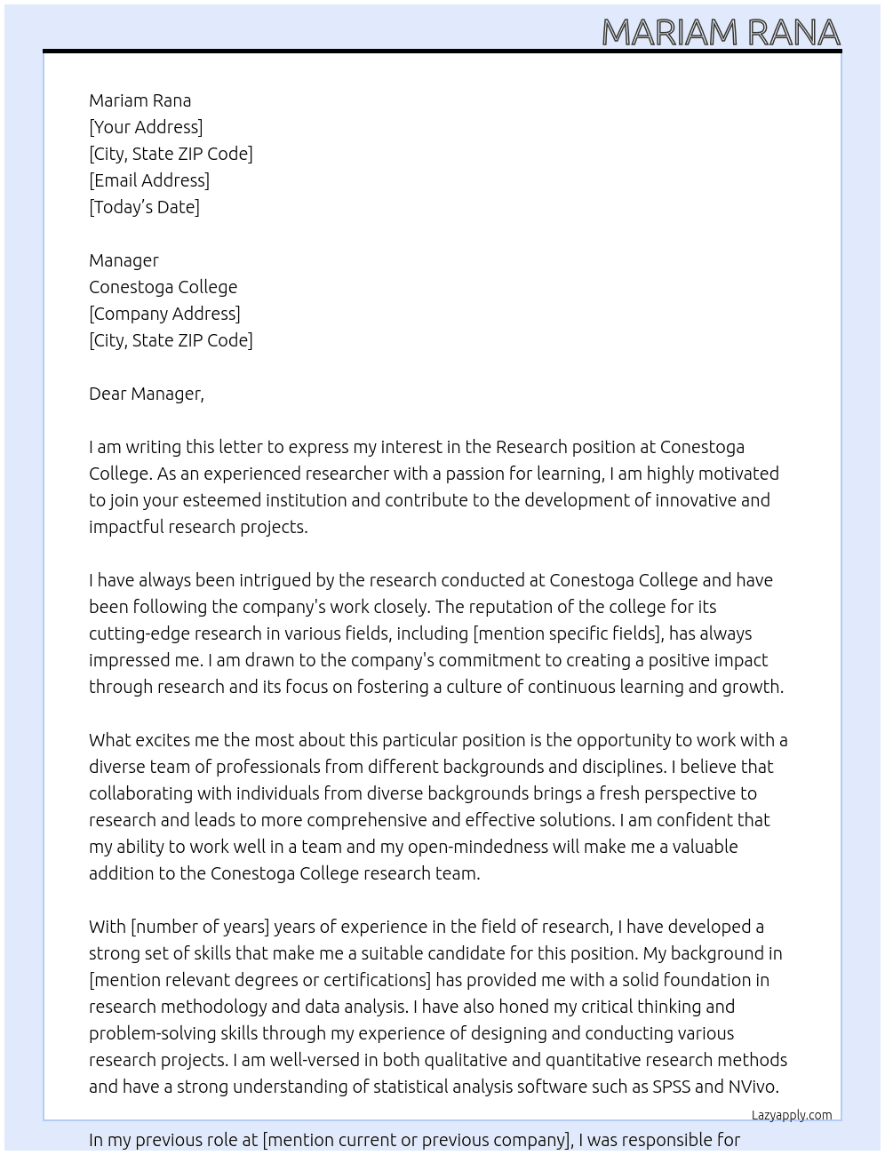 Research At Conestoga College Cover Letter