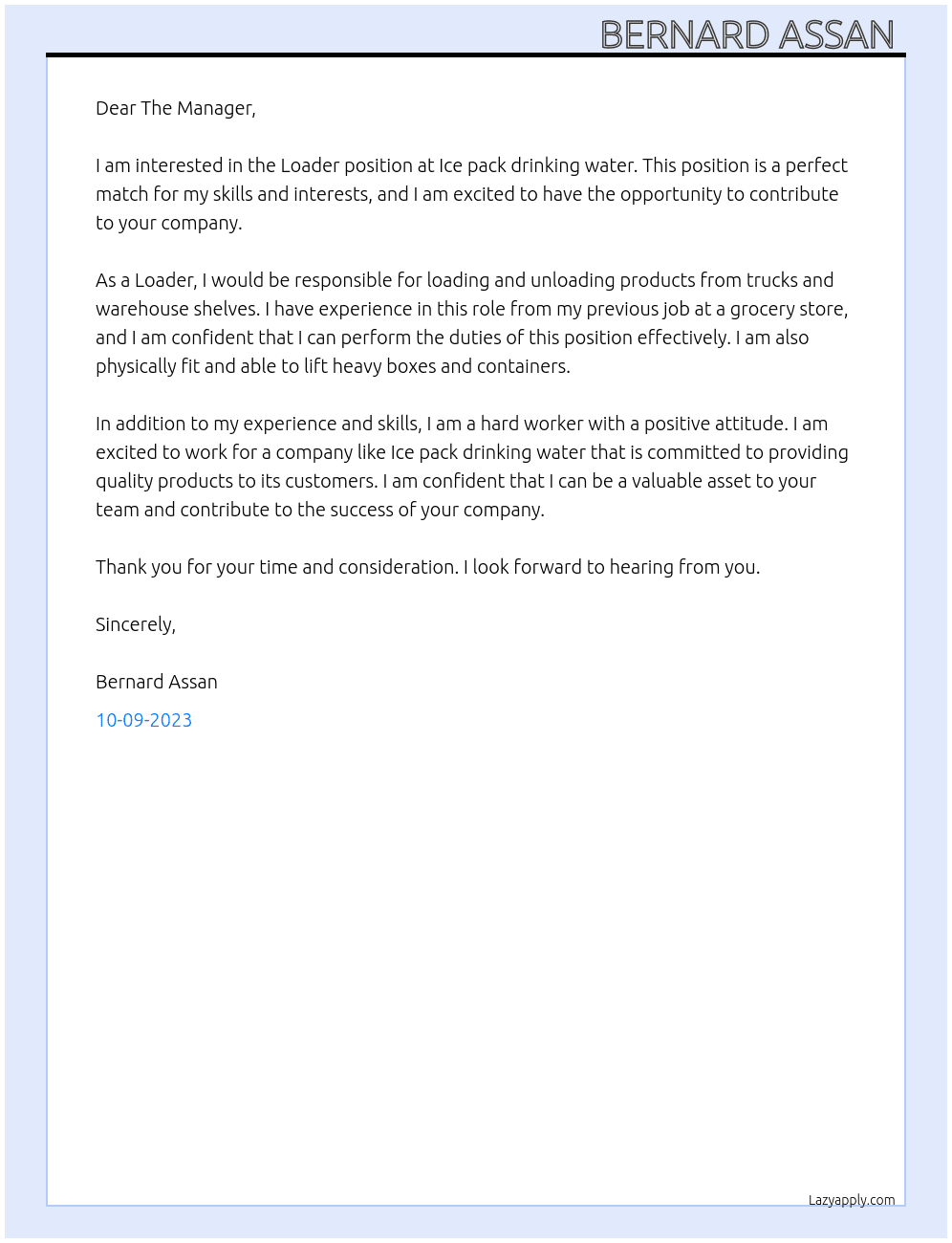 Loader  At Ice pack drinking water  Cover Letter