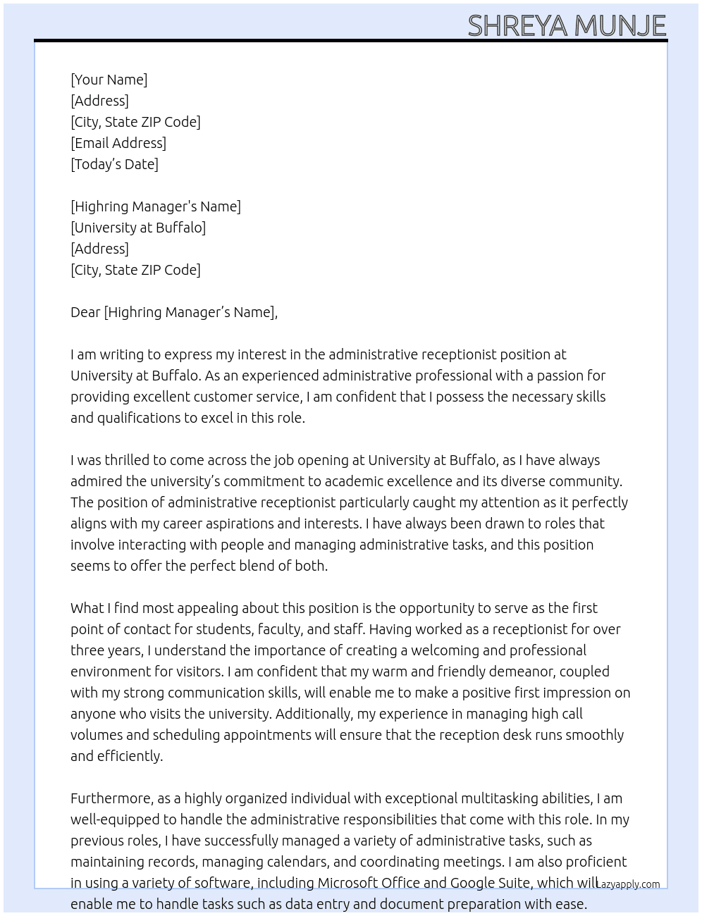 administrative receptionist  At university at Buffalo Cover Letter