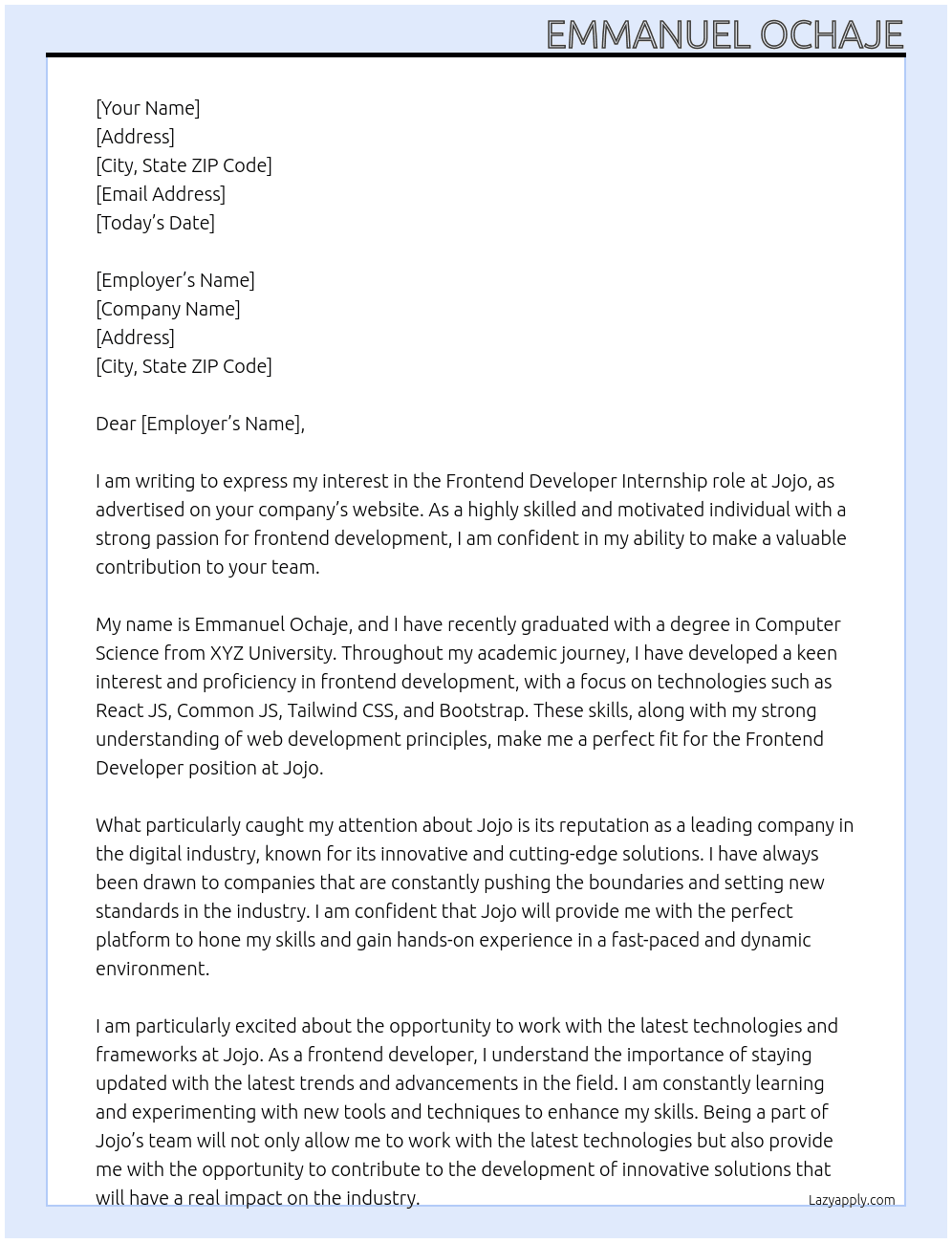 frontend deveoper At jojo Cover Letter