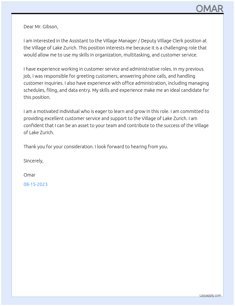 Assistant to the Village Manager / Deputy Village Clerk At Village of Lake Zurich Cover Letter
