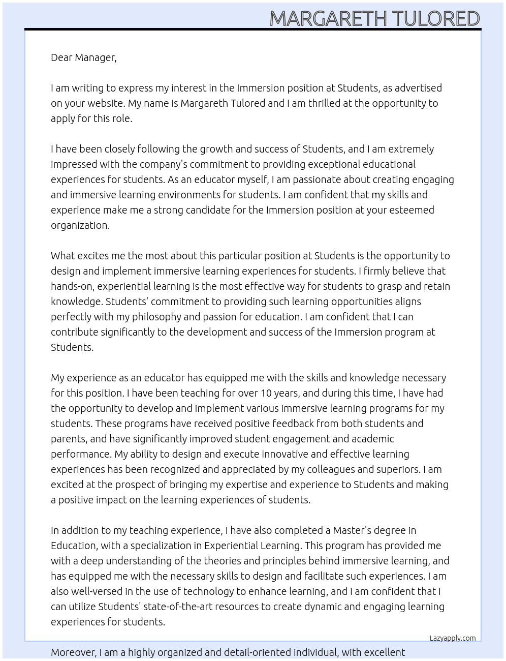 Immersion  At Students Cover Letter