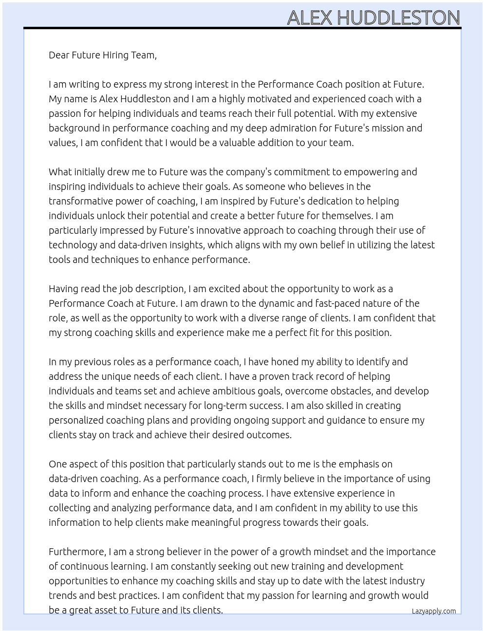 Performance Coach At Future Cover Letter