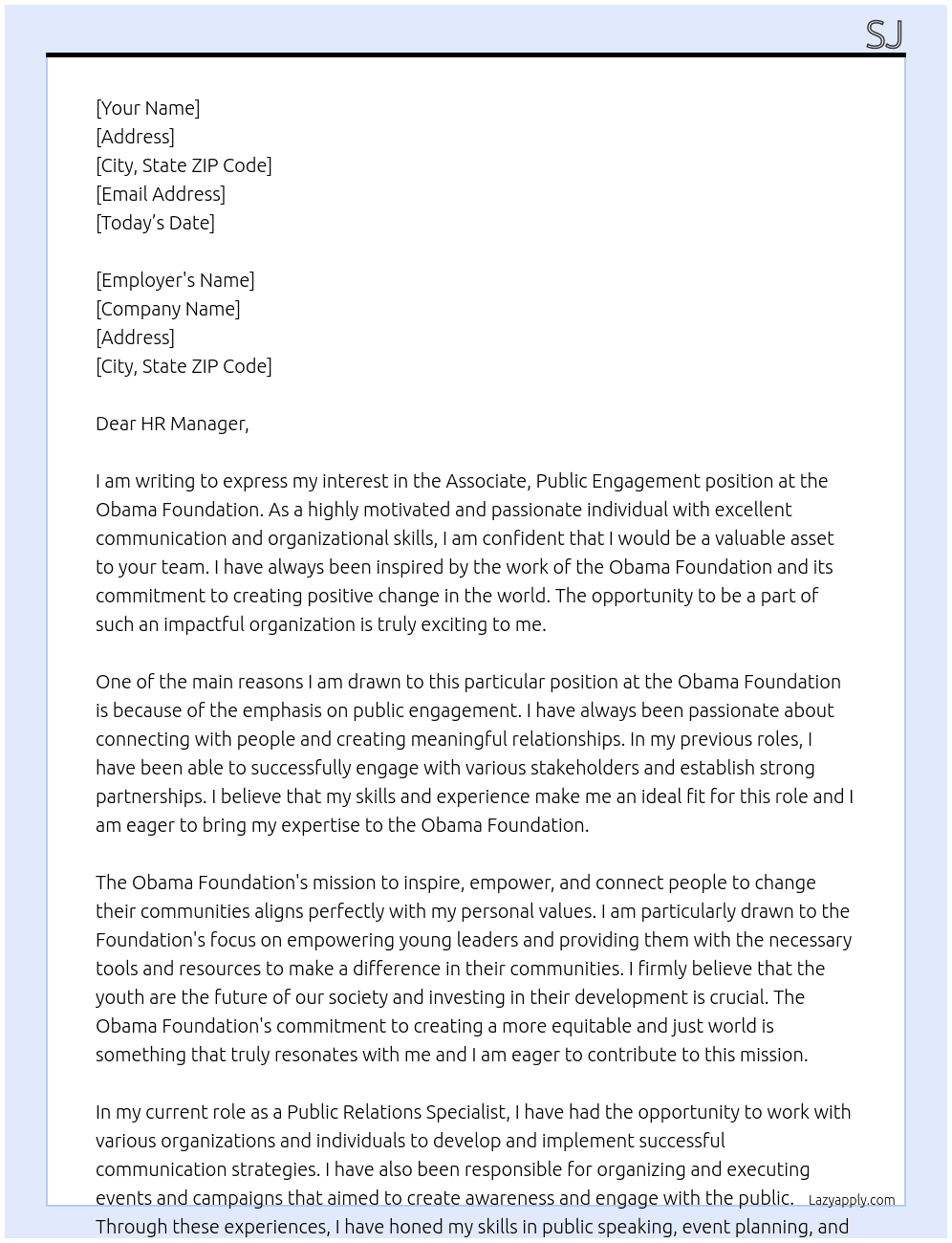 Associate, Public Engagement  At Obama Foundation  Cover Letter