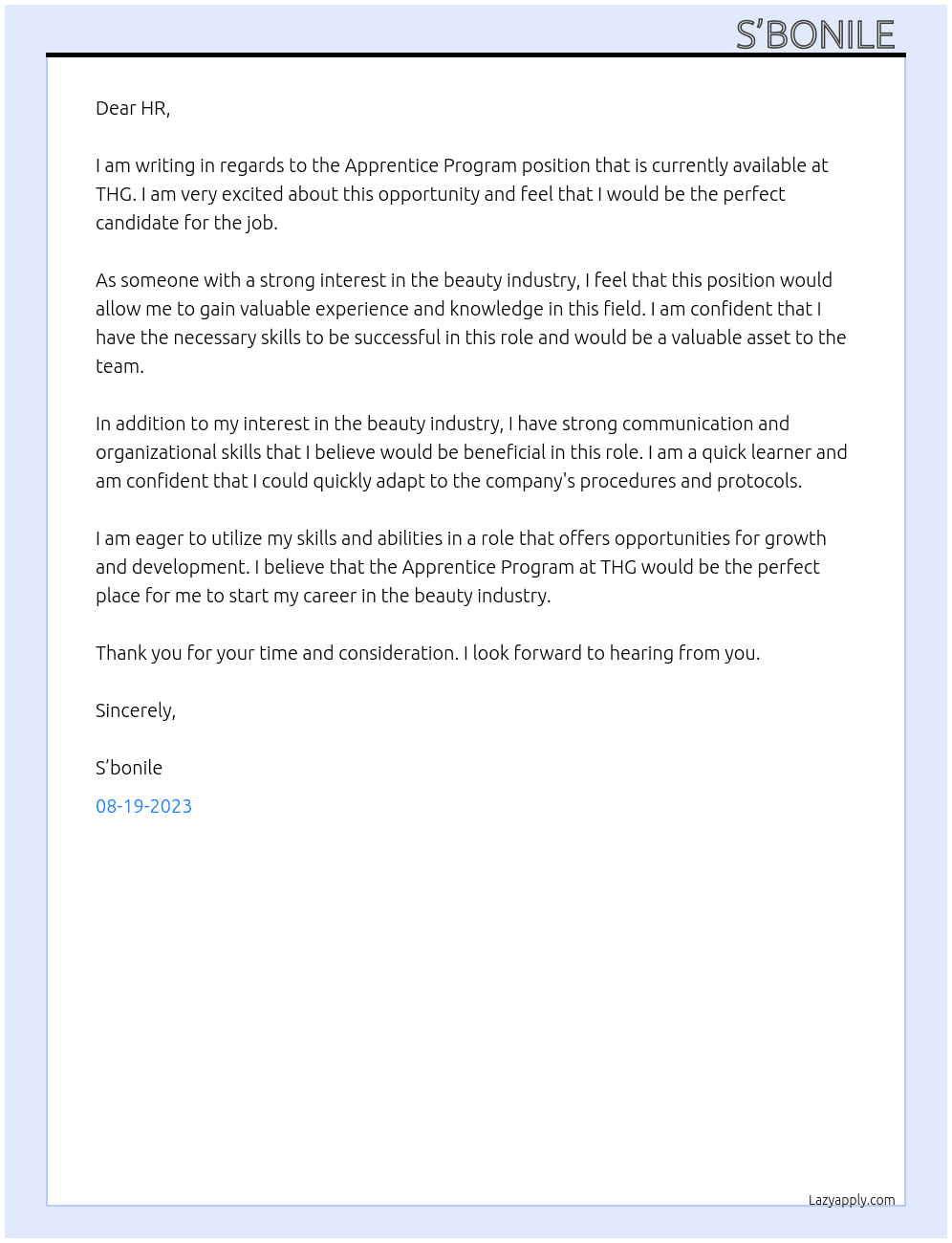Apprentice Program At THG Cover Letter