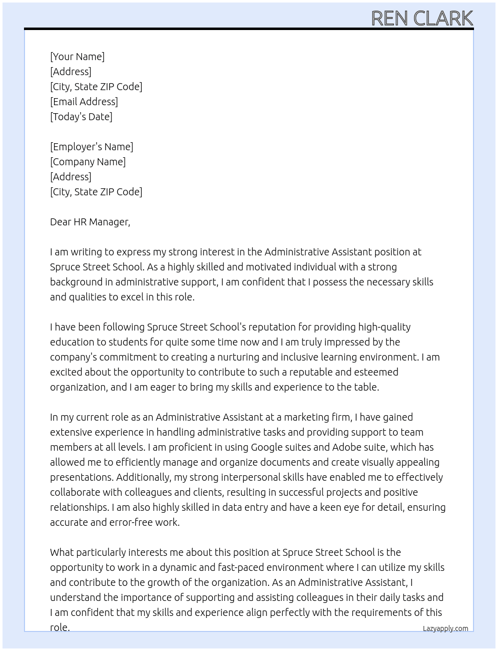 Administrative Assistant At Spruce Street School Cover Letter
