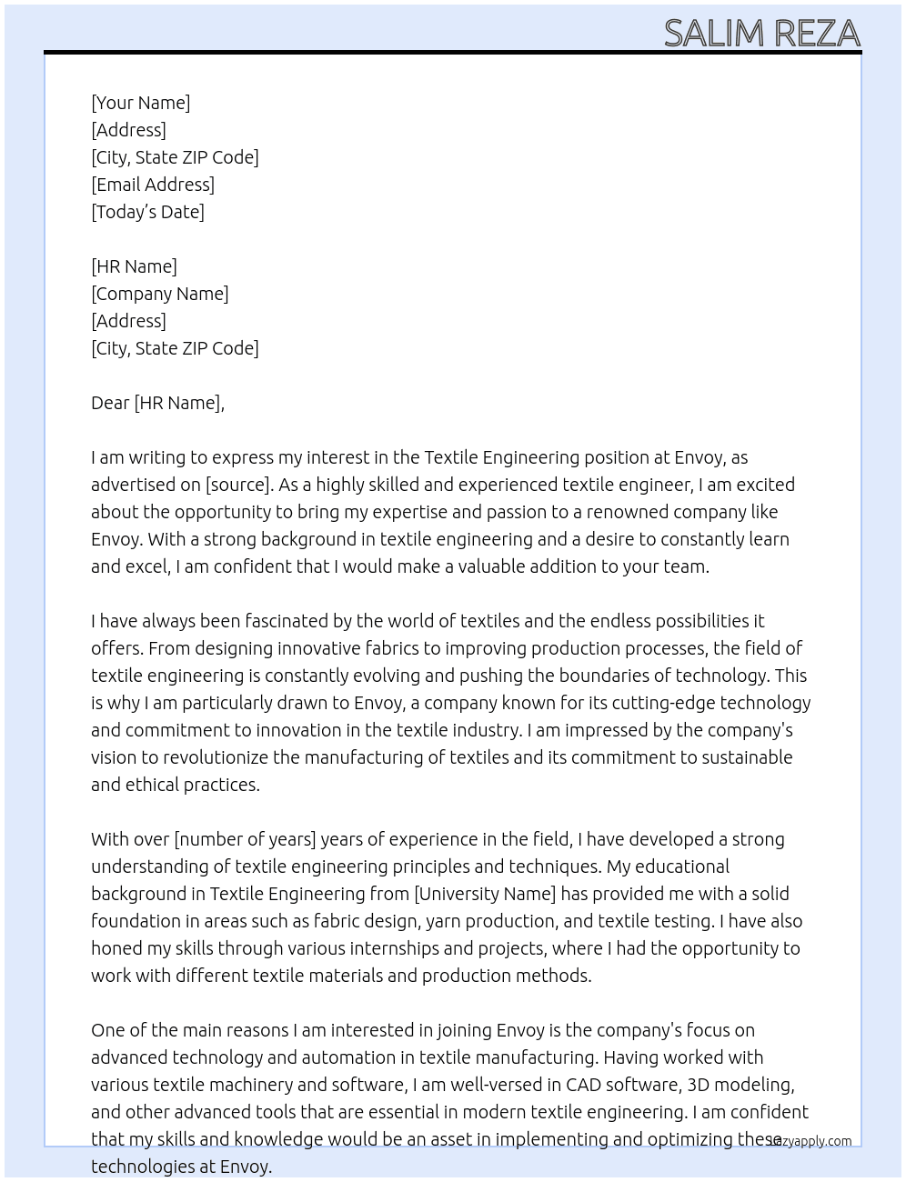 Textile Engineering At envoy Cover Letter
