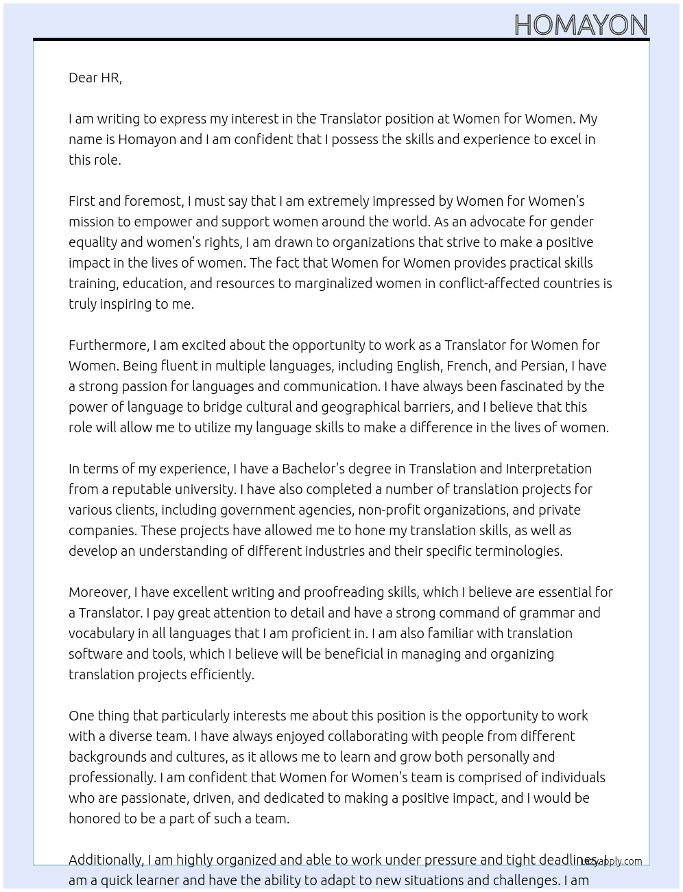 Translator  At Women for women  Cover Letter
