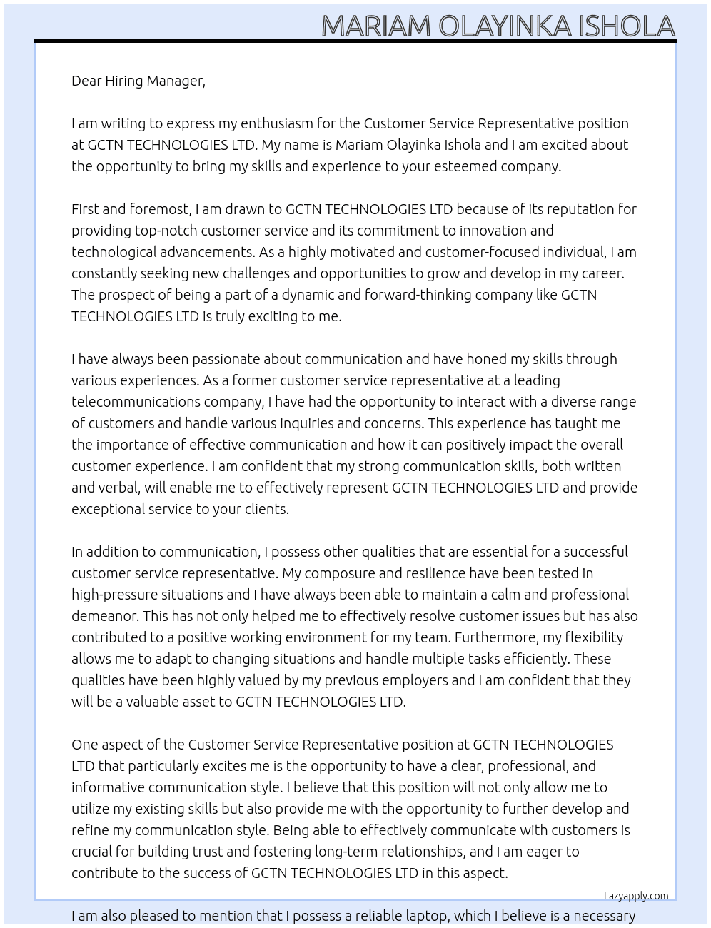 Customer Service Representive At GCTN TECHNOLOGIES LTD Cover Letter
