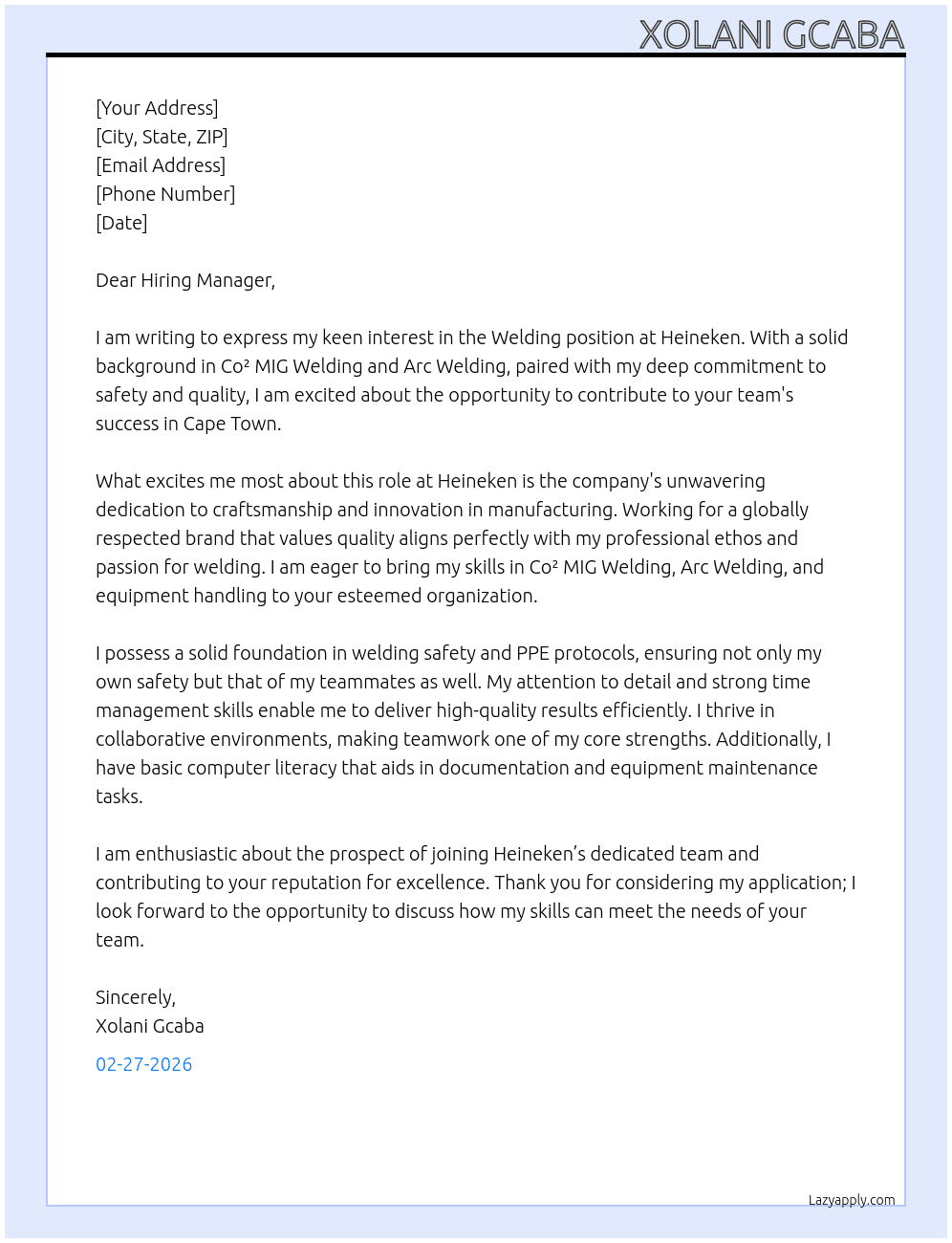 Welding (Co² Welding, Arc Welding) At Heineken  Cover Letter