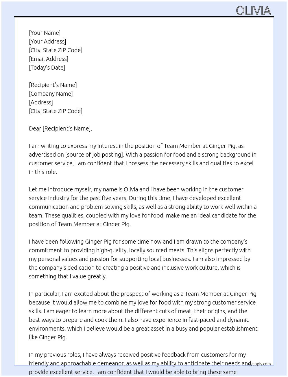 Team member  At Ginger Pig  Cover Letter