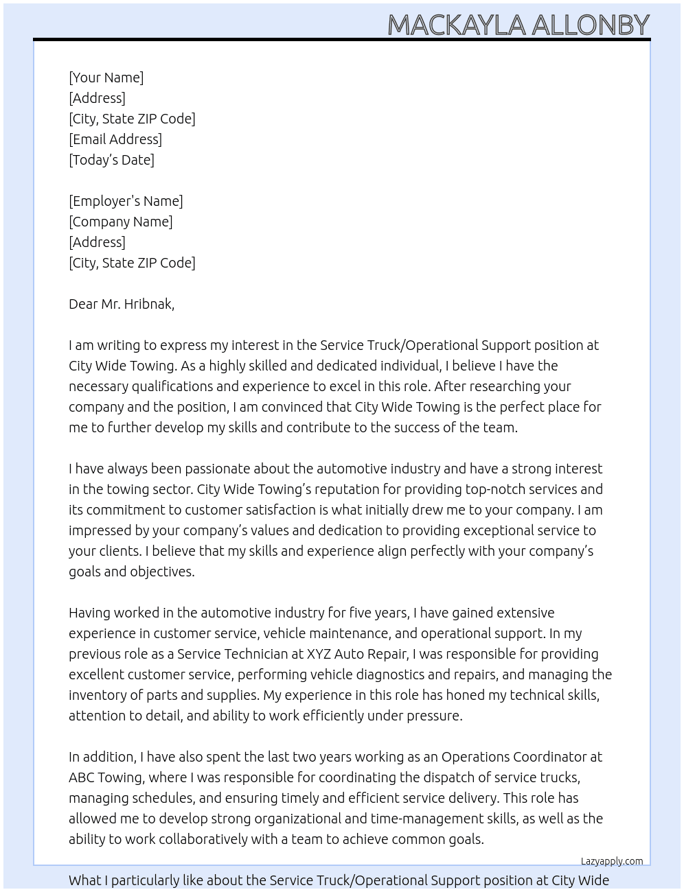 Service Truck/Operational Support At City Wide Towing Cover Letter
