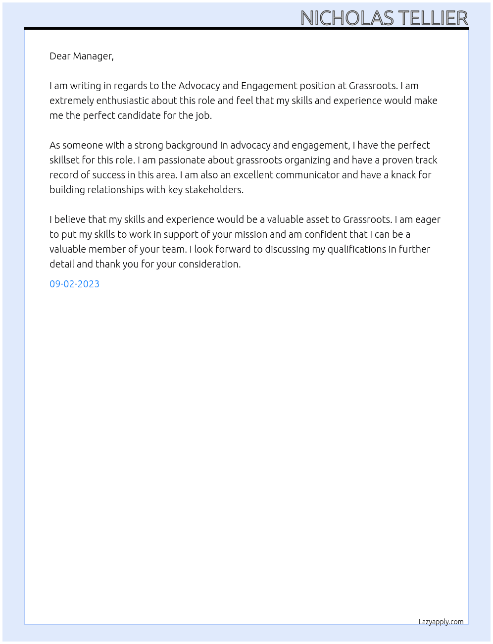 Advocacy and Engagement At Grassroots Cover Letter
