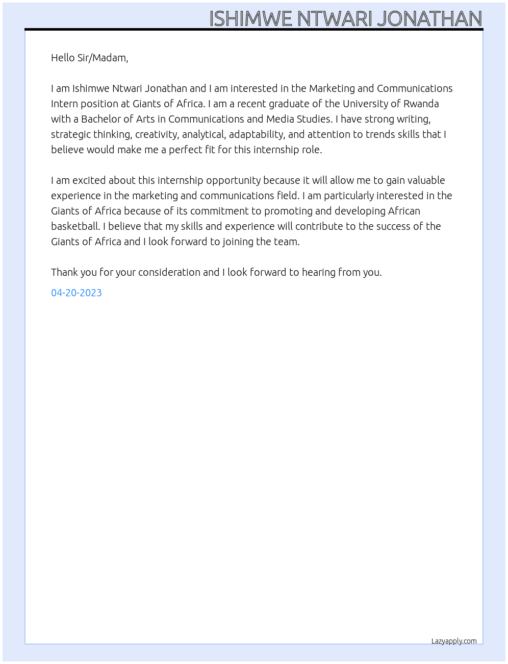 Marketing and Communications Intern At Giants of Africa Cover Letter