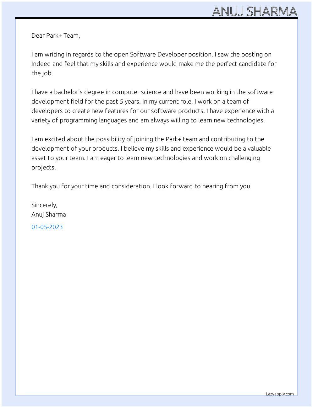 Software developer  At Park+ Cover Letter