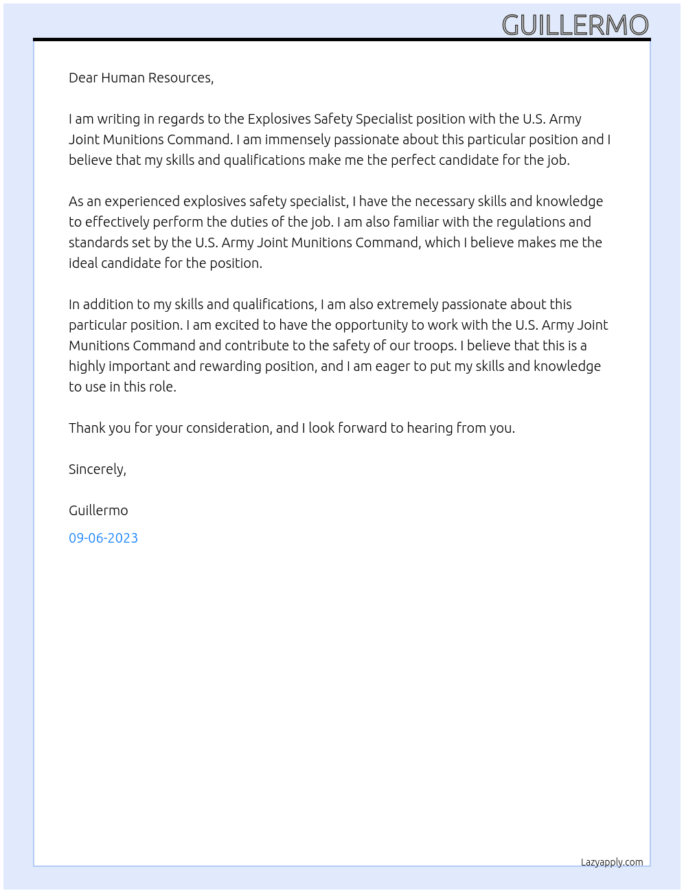 Explosives Safety Specialist At U.S. Army Joint Munitions Command Cover Letter