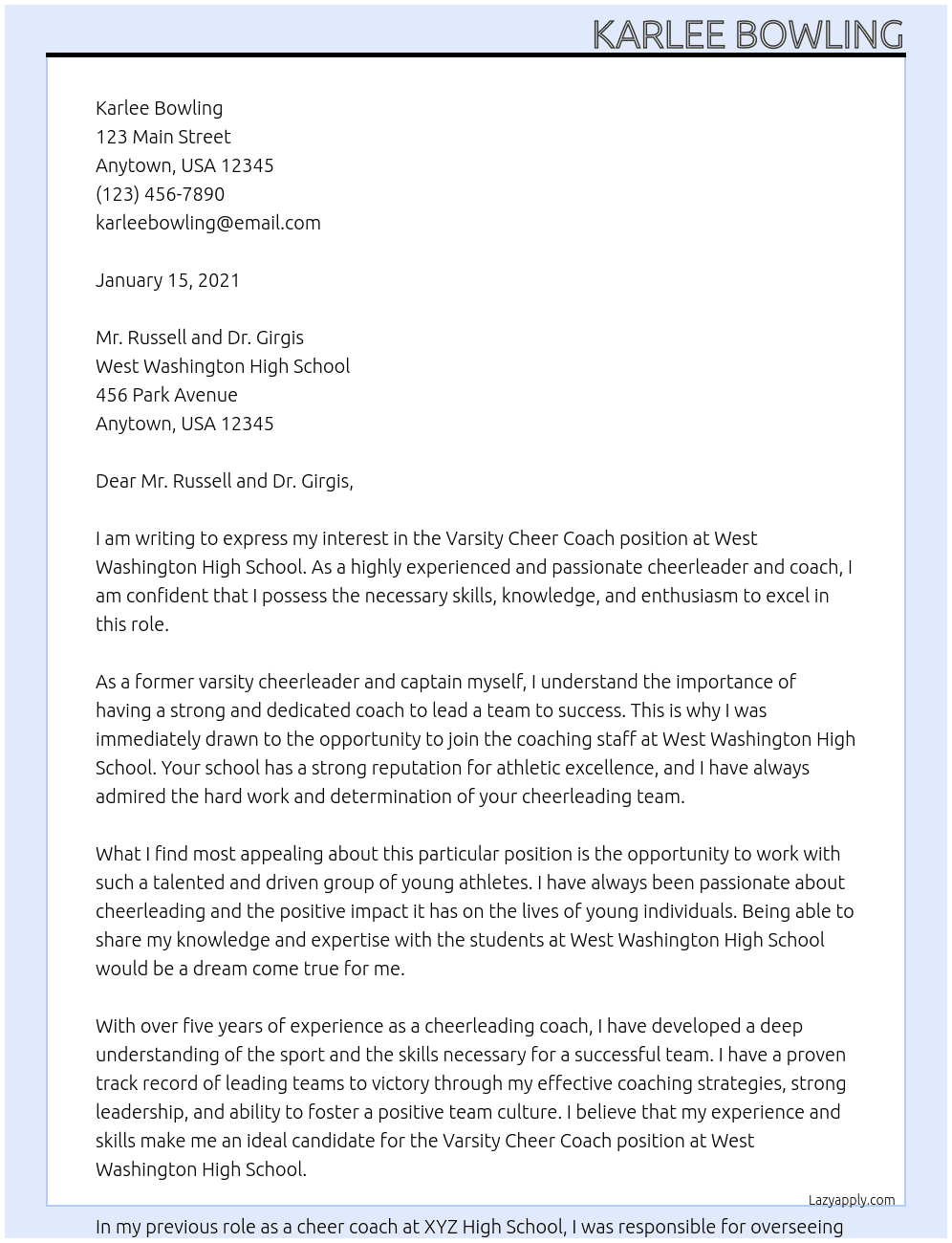 Varsity Cheer Coach At West Washington High School Cover Letter