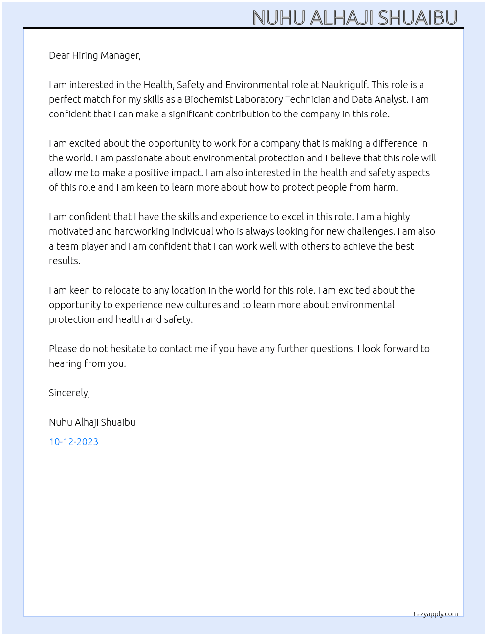 Health safety and environmental  At Naukrigulf  Cover Letter