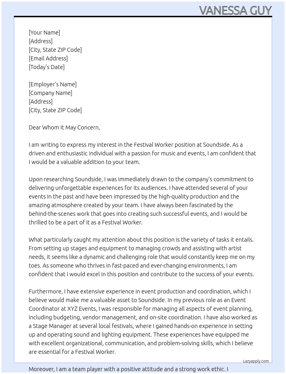 Festival worker  At Soundside  Cover Letter