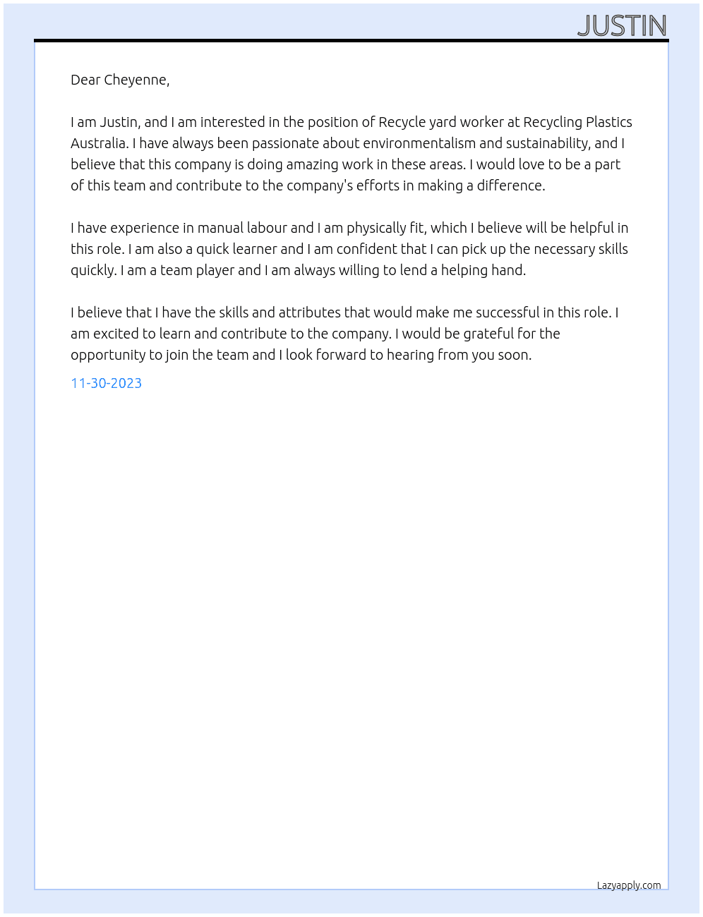 Recyle yard worker At Recycling Plastics Australia Cover Letter
