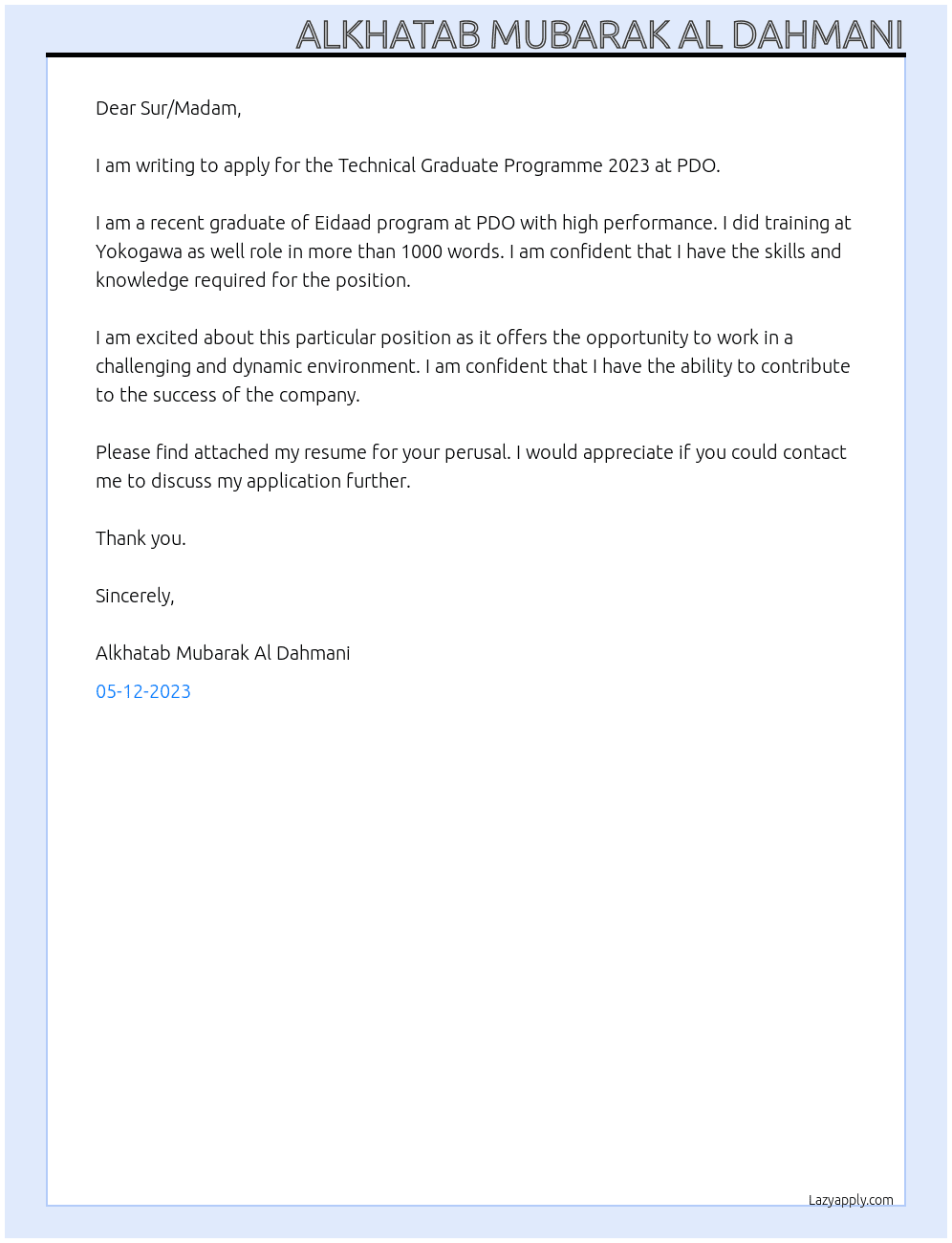 Technical Graduate Programme 2023 At PDO Cover Letter