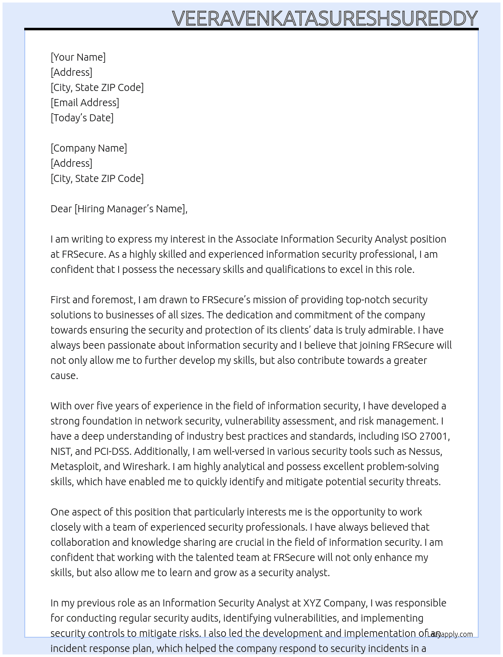 Associate Information Security Analyst At FRSecure Cover Letter