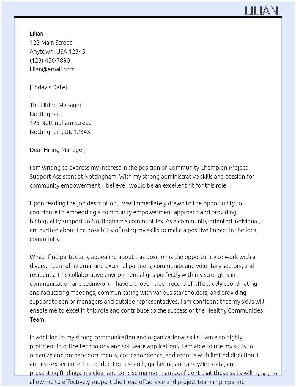 Community Champion Project Support Assistant At Nottingham Cover Letter
